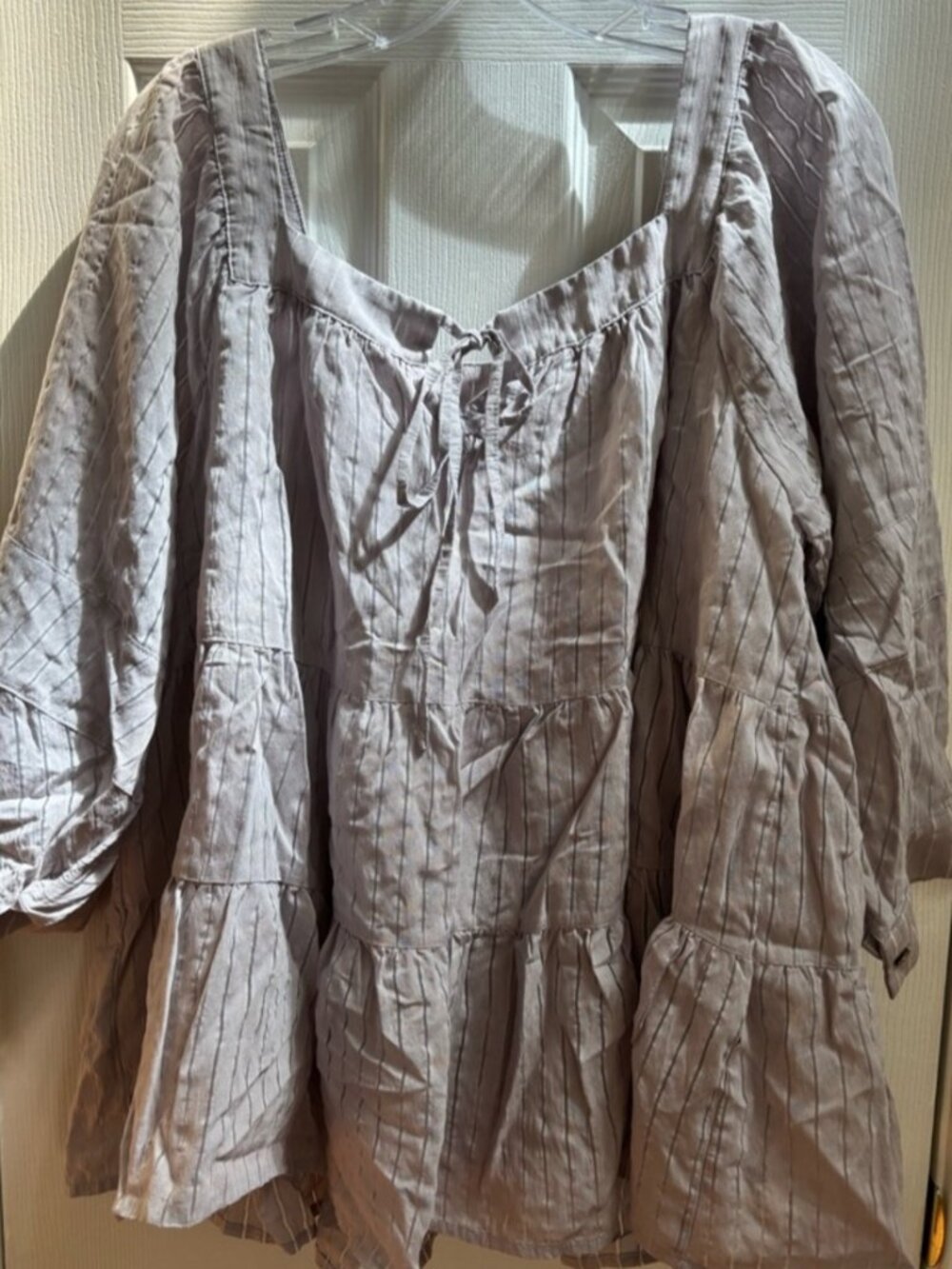 Bluish/Gray Stripped Babydoll Top w/ Square Neck, Size L - Picture 2 of 3